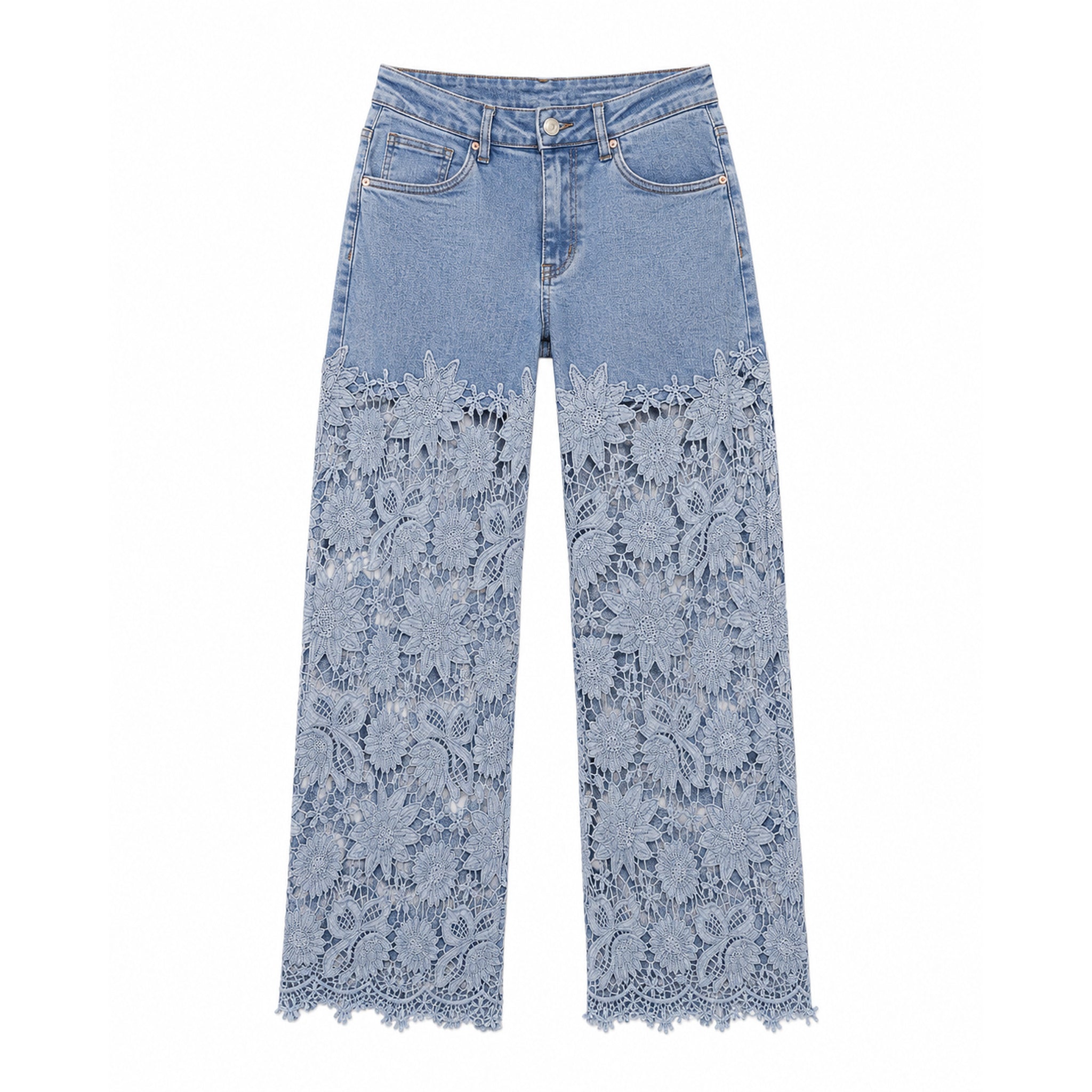 Vaquero recto azul claro con encaje floral