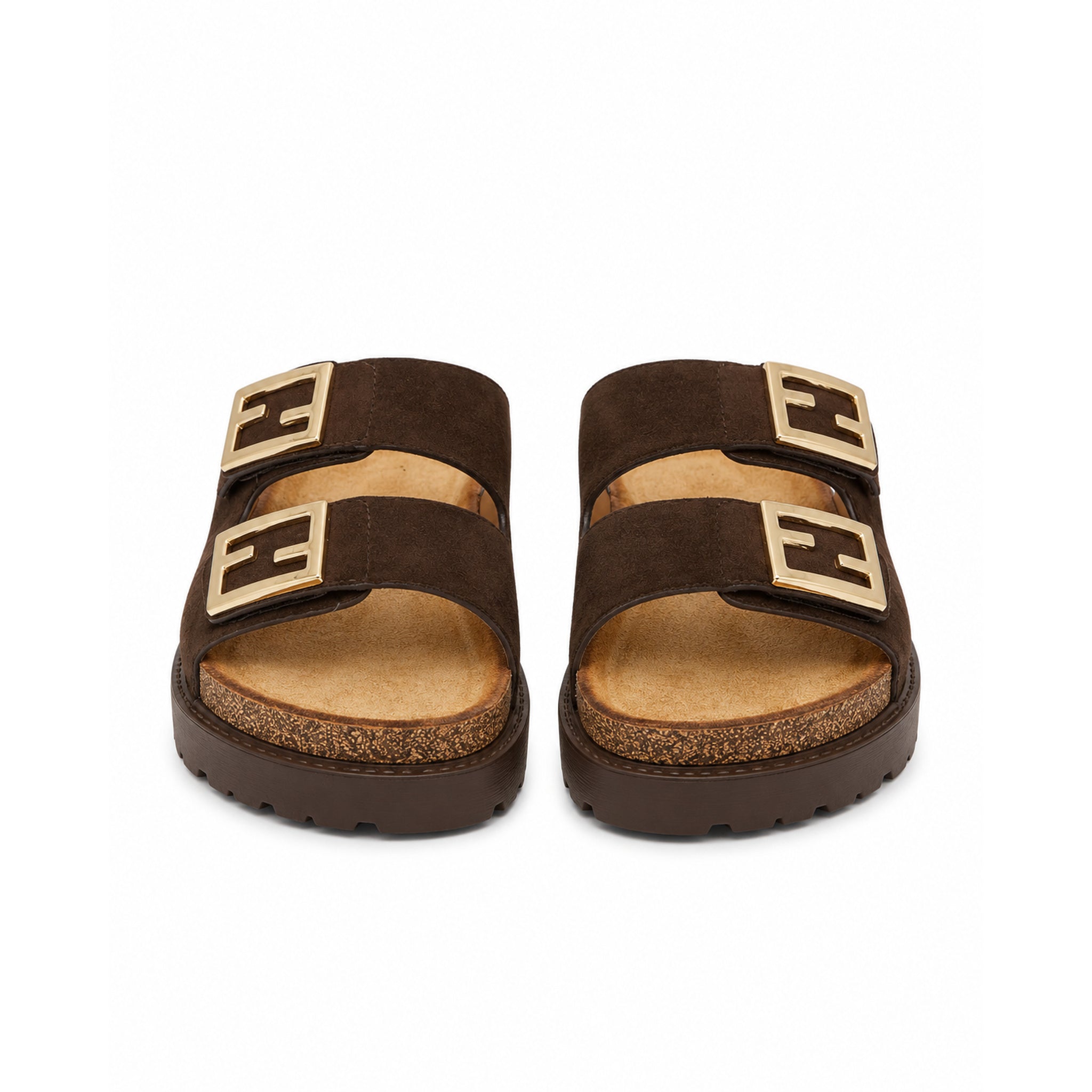 Sandalias planas marrones con doble hebilla dorada para mujer