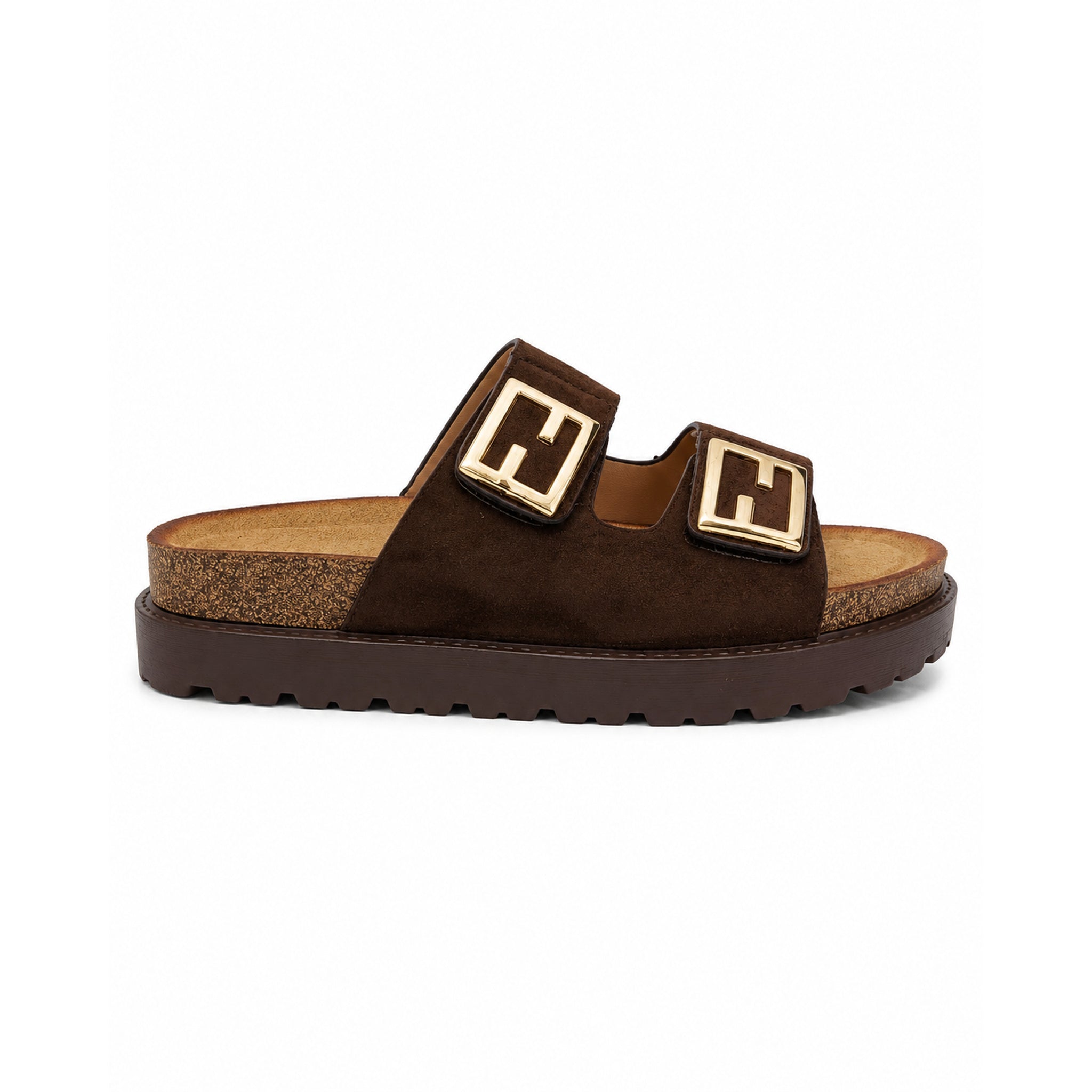 Sandalias planas marrones con doble hebilla dorada para mujer