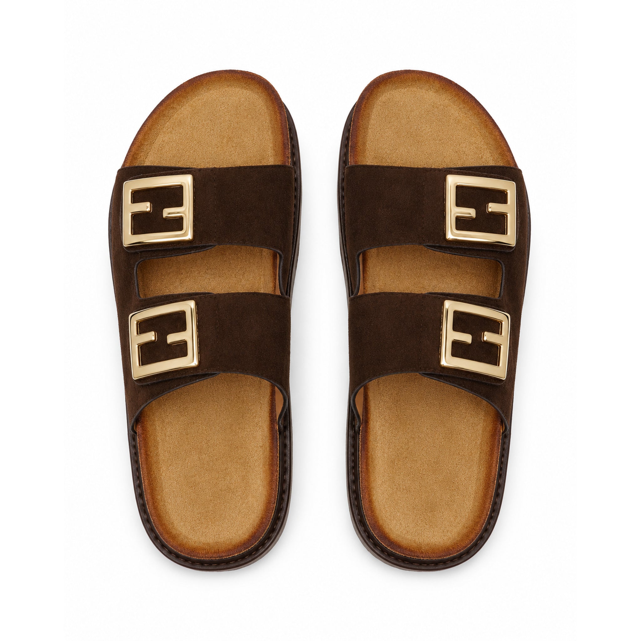 Sandalias planas marrones con doble hebilla dorada para mujer