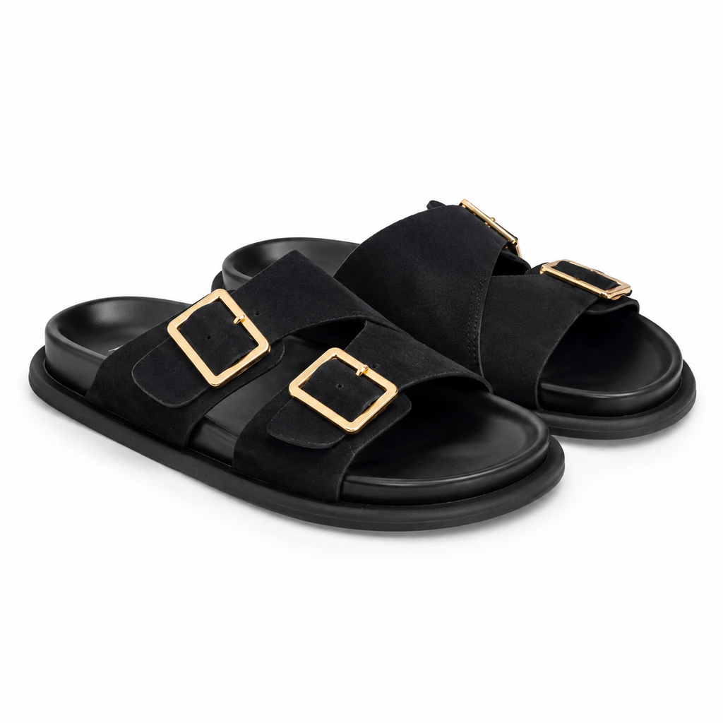 Sandalias planas negras con doble hebilla