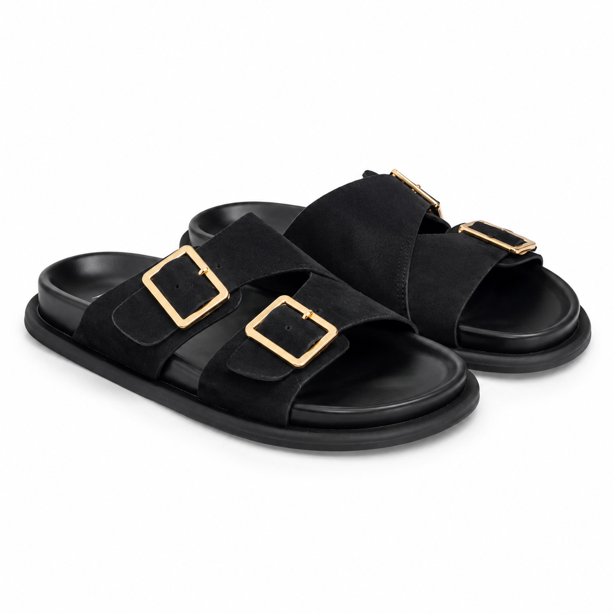Sandalias planas negras con doble hebilla