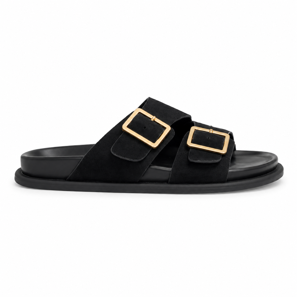 Sandalias planas negras con doble hebilla
