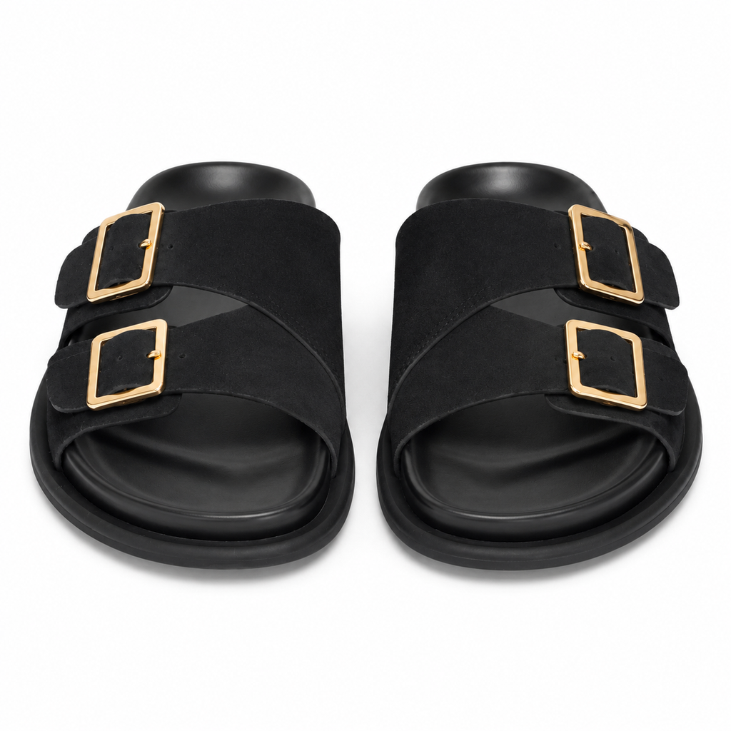 Sandalias planas negras con doble hebilla