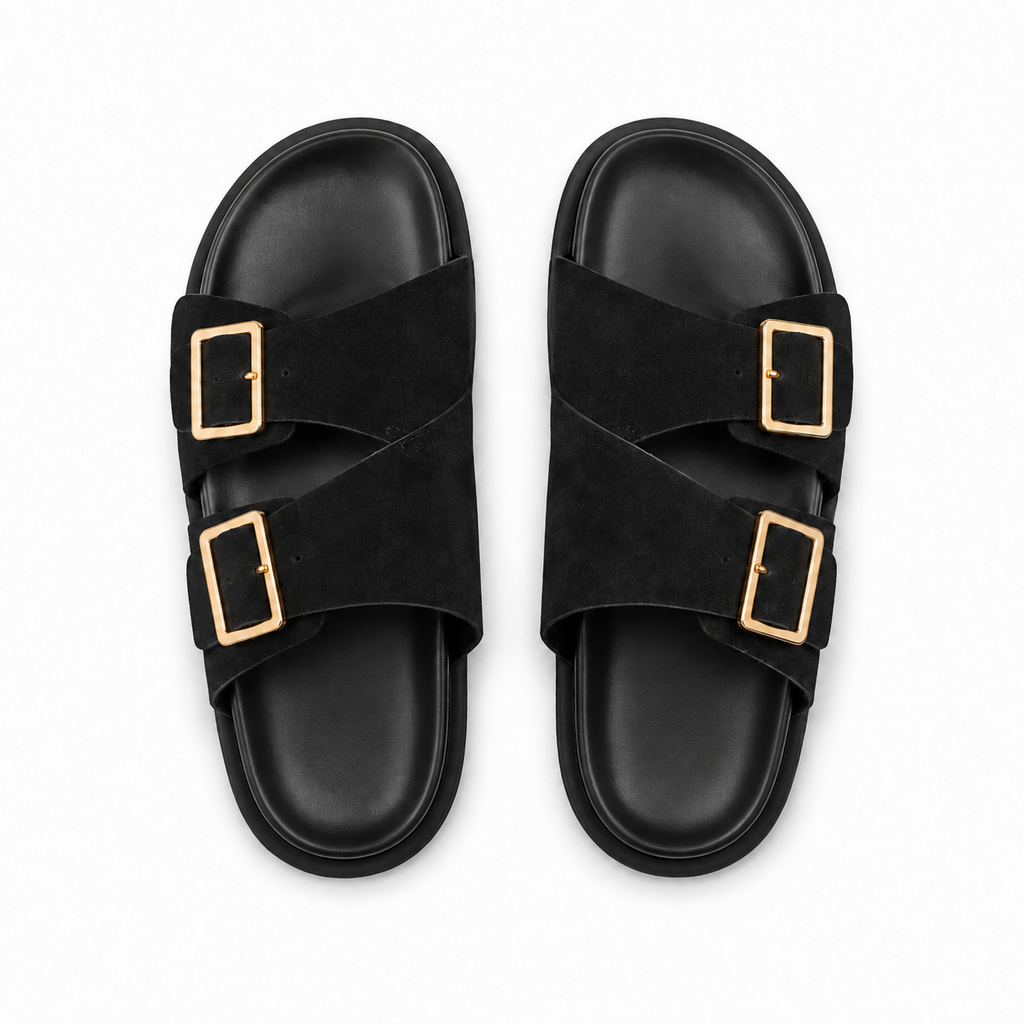 Sandalias planas negras con doble hebilla