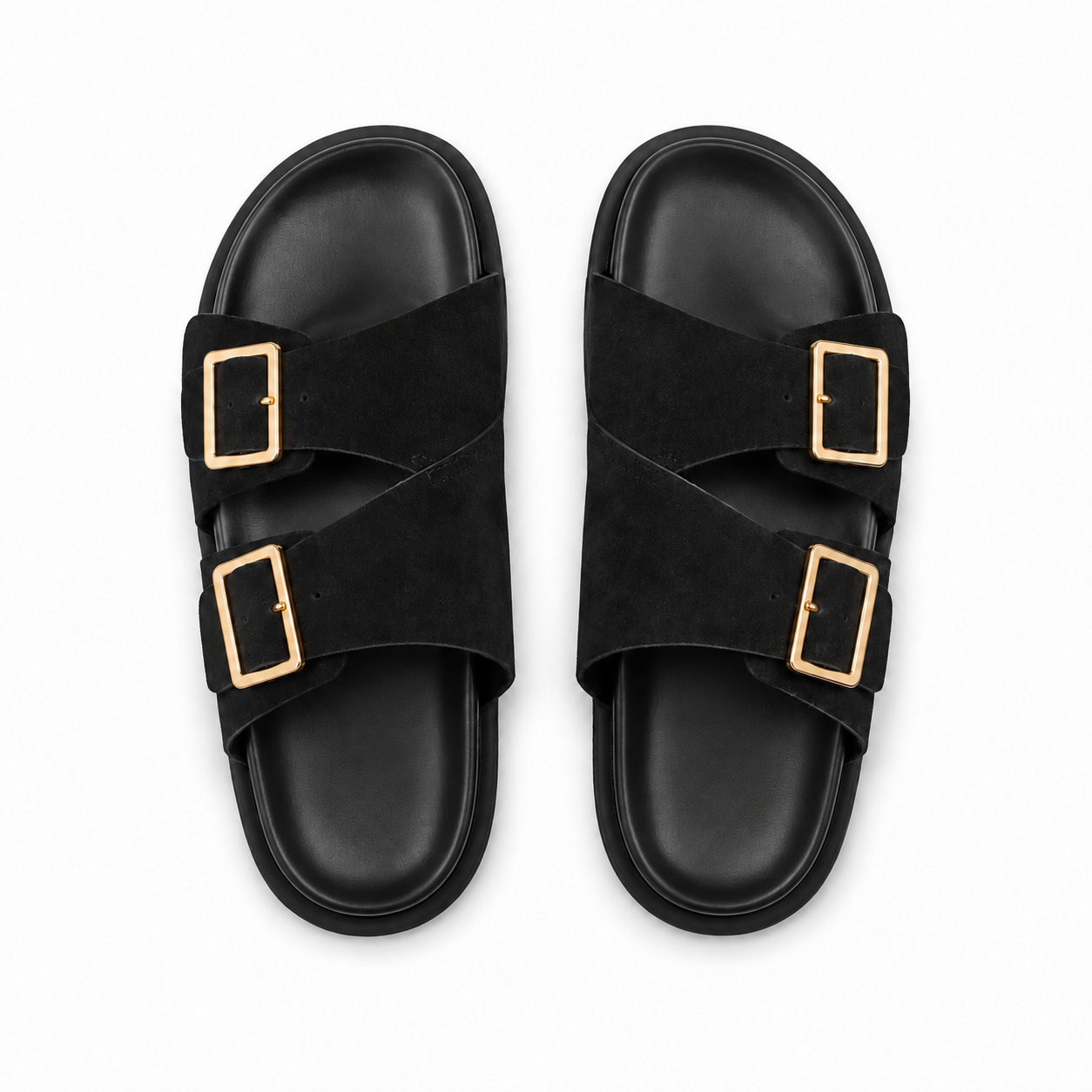 Sandalias planas negras con doble hebilla