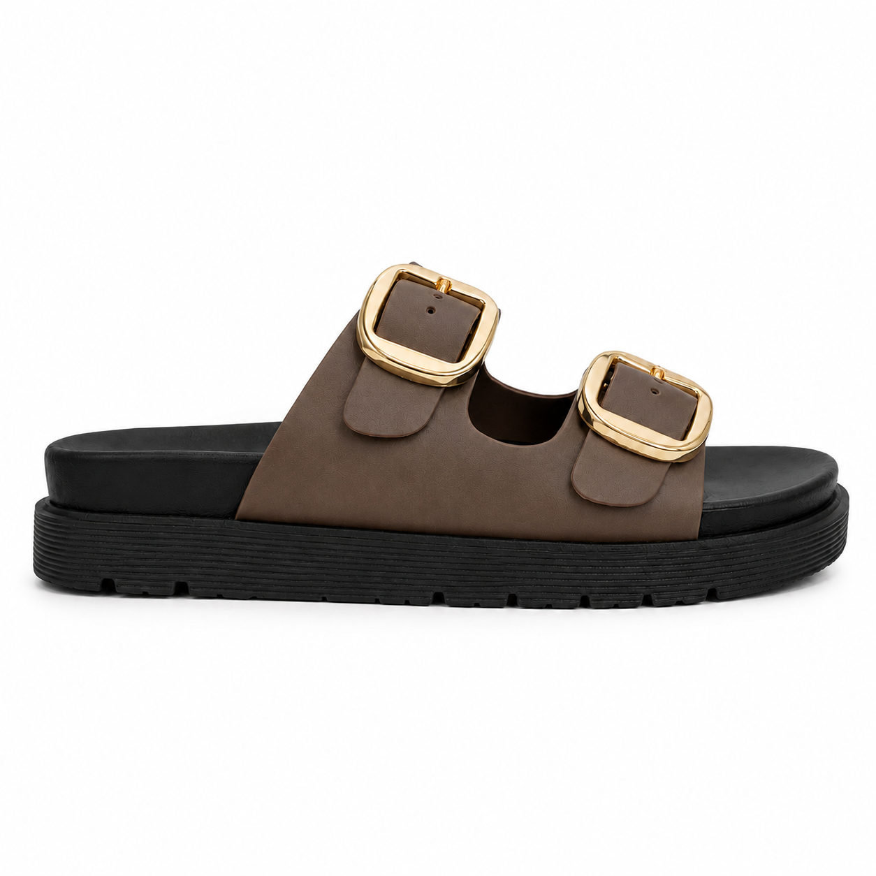 Sandalias planas con doble hebilla dorada