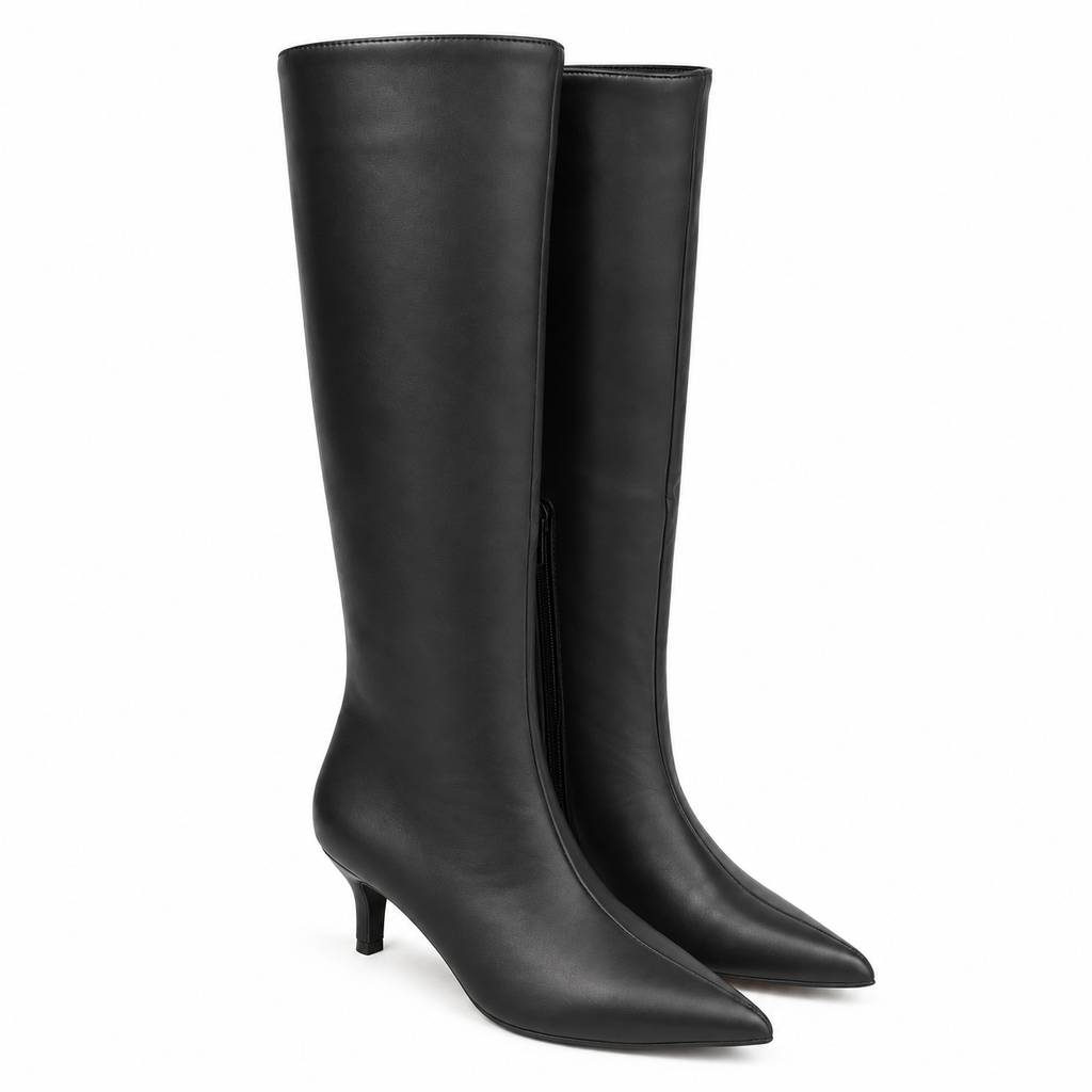 Botas Altas de Mujer con Punta Fina y Tacón Bajo – Caña Ancha, Cremallera Lateral y Diseño Elegante 2026