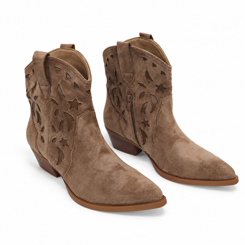 Botines Cowboy Mujer Camel Bordados con Tacón Bajo y Punta Afilada Estilo Western