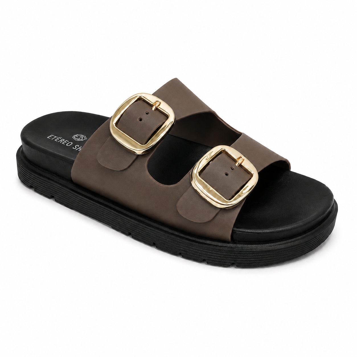 Sandalias planas con doble hebilla dorada