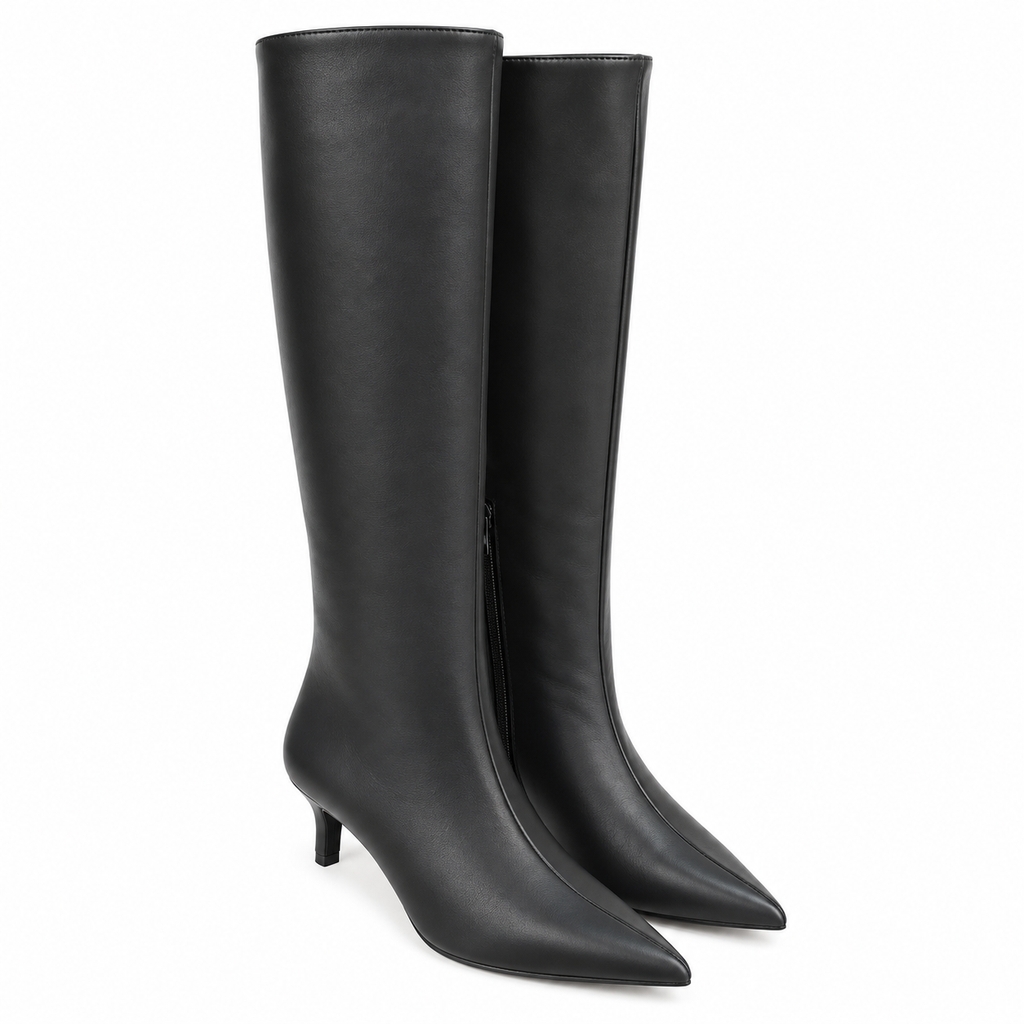 Botas Altas de Mujer con Punta Fina y Tacón Bajo – Caña Ancha, Cremallera Lateral y Diseño Elegante 2026