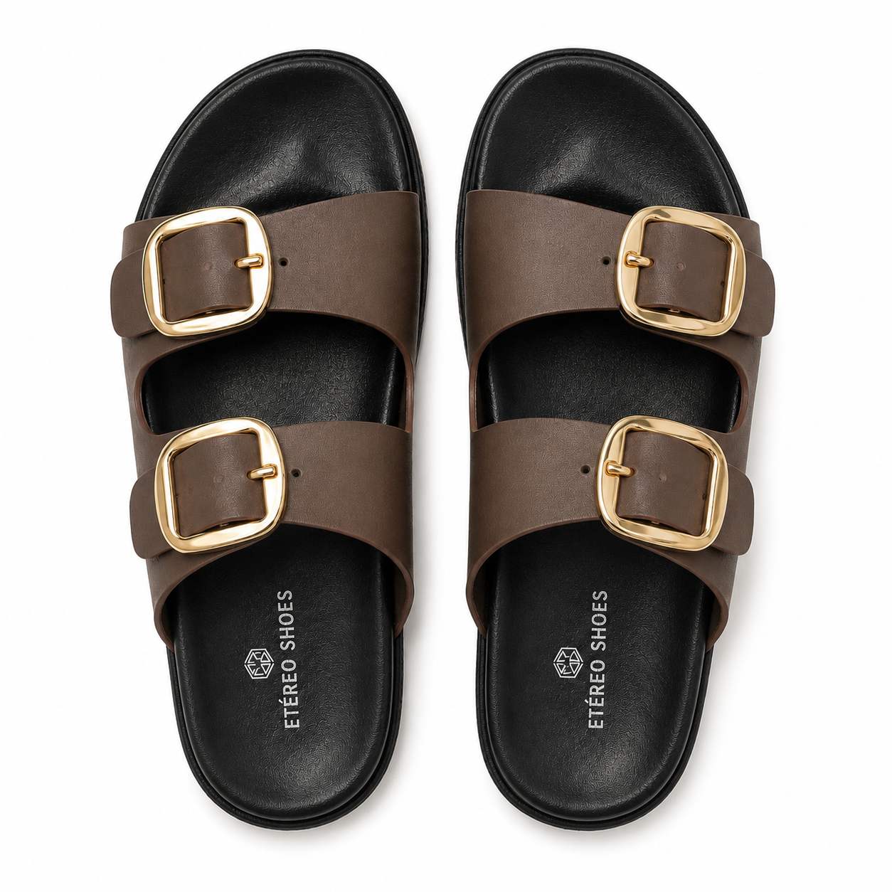Sandalias planas con doble hebilla dorada